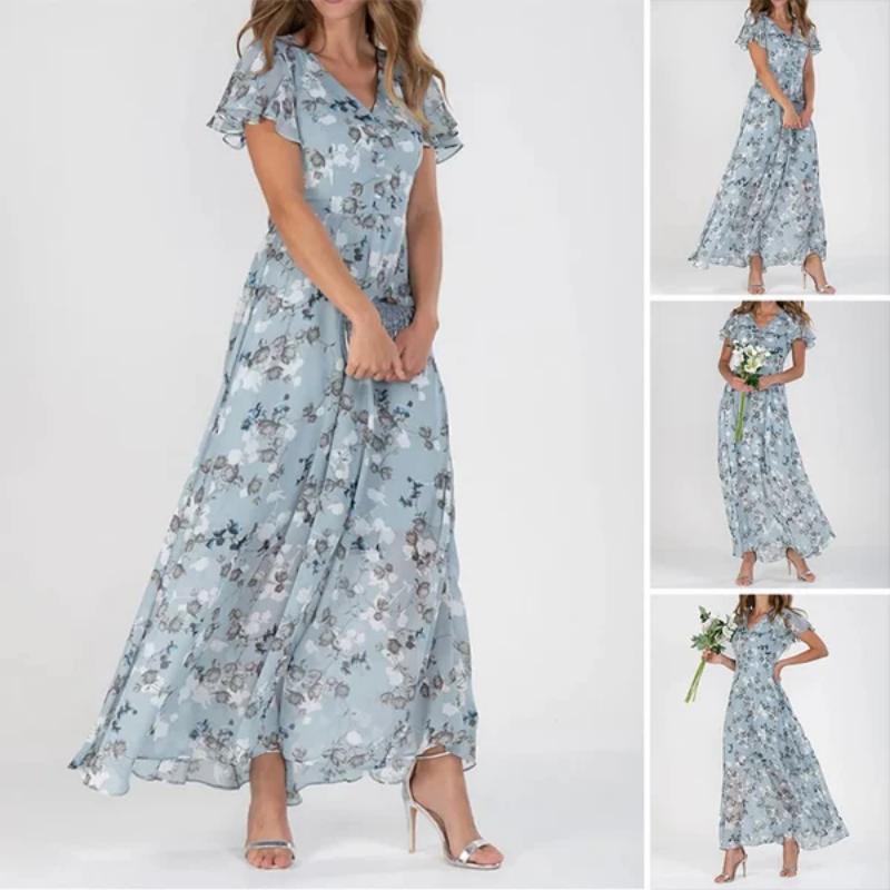 👗Kortärmad lång klänning med blommönster--🔥Rea 50% rabatt