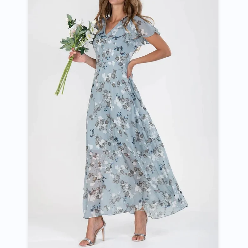 👗Kortärmad lång klänning med blommönster--🔥Rea 50% rabatt